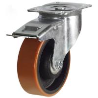 125mm Polyurethane on Cast Iron Swivel Braked Large Plate Castor [450kg max load]