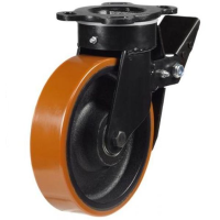 125mm Polyurethane on Cast Iron Swivel Braked Castor [550kg max load]