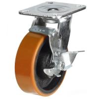 200mm Polyurethane on Cast Iron Swivel Braked Castor [500kg max load]