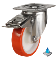 200mm Stainless Steel Polyurethane Swivel Braked Castor [350kg max load]