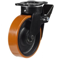 250mm Polyurethane on Cast Iron Swivel Braked Castor [1300kg max load]