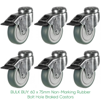 BULK BUY / 75mm Non-Marking Rubber Braked Bolt Hole Castor | 50kg