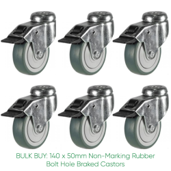 BULK BUY / 50mm Non-Marking Rubber Braked Bolt Hole Castor | 40kg