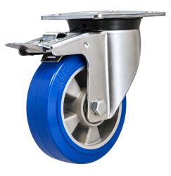 Heavy Duty Stainless Steel 200mm Elastic Polyurethane on Aluminium Swivel Braked Castor - 800kg Load