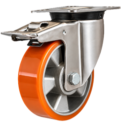Heavy Duty Stainless Steel 200mm Polyurethane on Aluminium Swivel Braked Castor - 800kg Load