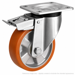 Heavy Duty Stainless Steel 125mm Polyurethane on Aluminium Swivel Braked Castor - 450kg Load