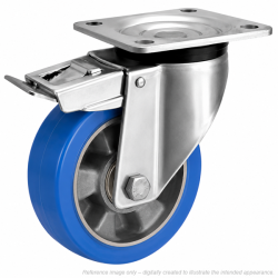 Heavy Duty Stainless Steel 160mm Elastic Polyurethane on Aluminium Swivel Braked Castor - 600kg Load
