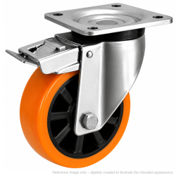Heavy Duty Stainless Steel 200mm Polyurethane on Nylon Swivel Braked Castor - 600kg Load