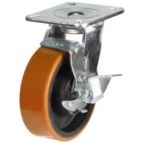 125mm Polyurethane on Cast Iron Swivel Braked Castor [500kg max load]