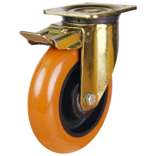 125mm Round Profile Polyurethane on Cast Iron Swivel Braked Castor [400kg max load]