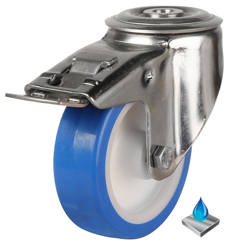 80mm Stainless Steel Polyurethane Swivel Braked Castor [100kg max load]
