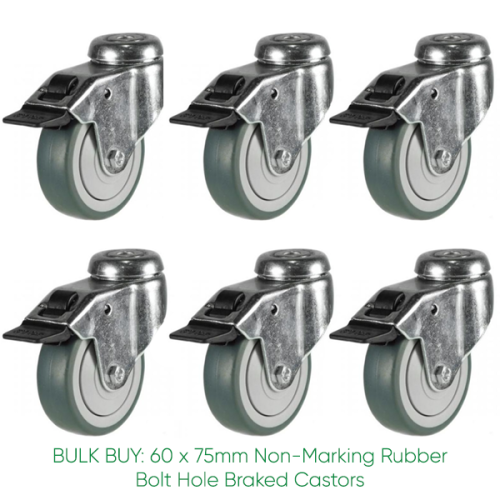 BULK BUY / 75mm Non-Marking Rubber Braked Bolt Hole Castor | 50kg